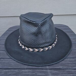 Vintage H H Henschel Hat Company Black Outback Hat USA Leather Crushable Medium